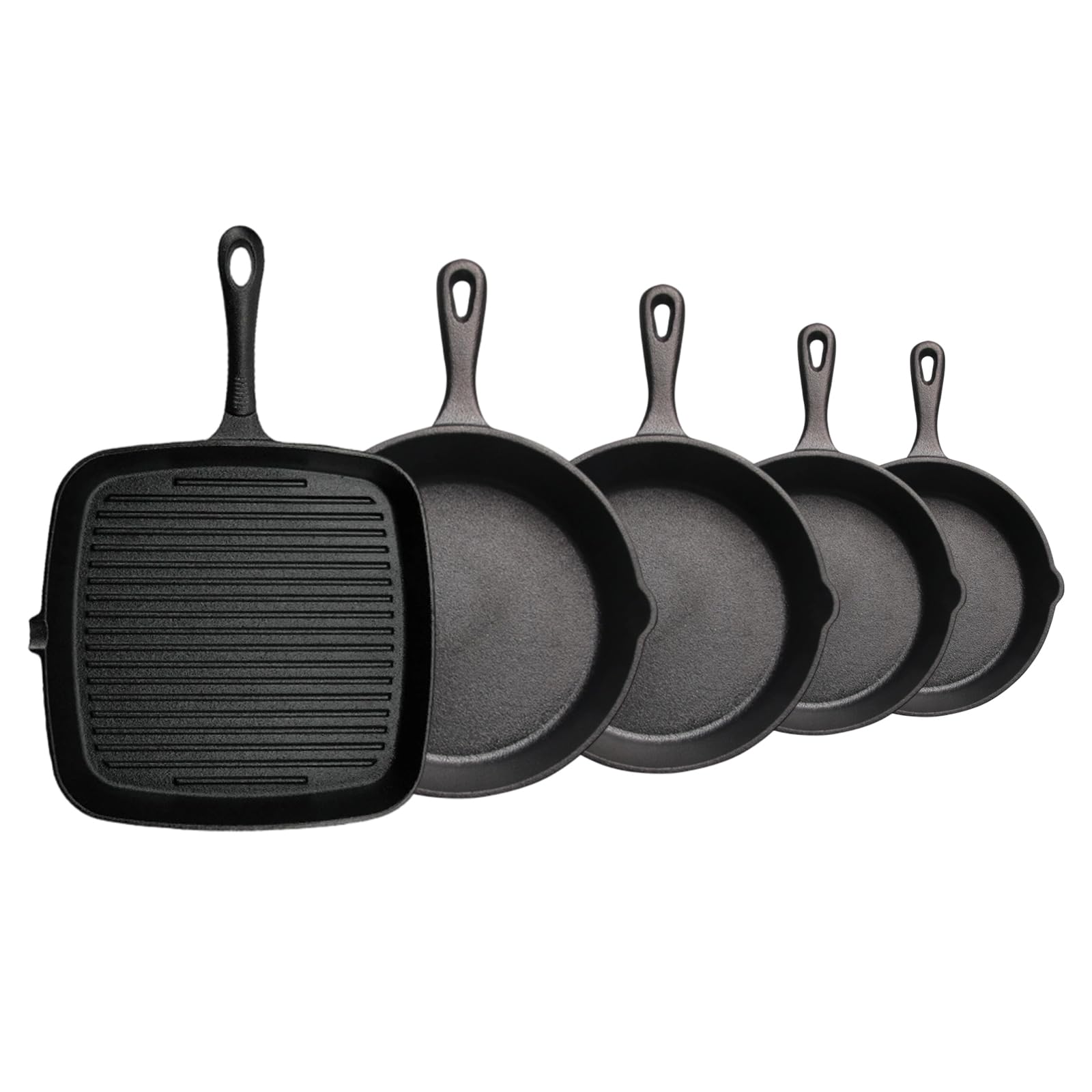 SANON Cast Iron Skillet Set 5 Piece,4 Round Frying Pans (10/14/16/20cm) + 24cm Square Grill Pan,Pre-Seasoned Heavy Duty Cookware for Stovetop,Oven,Grill & Campfire,Black