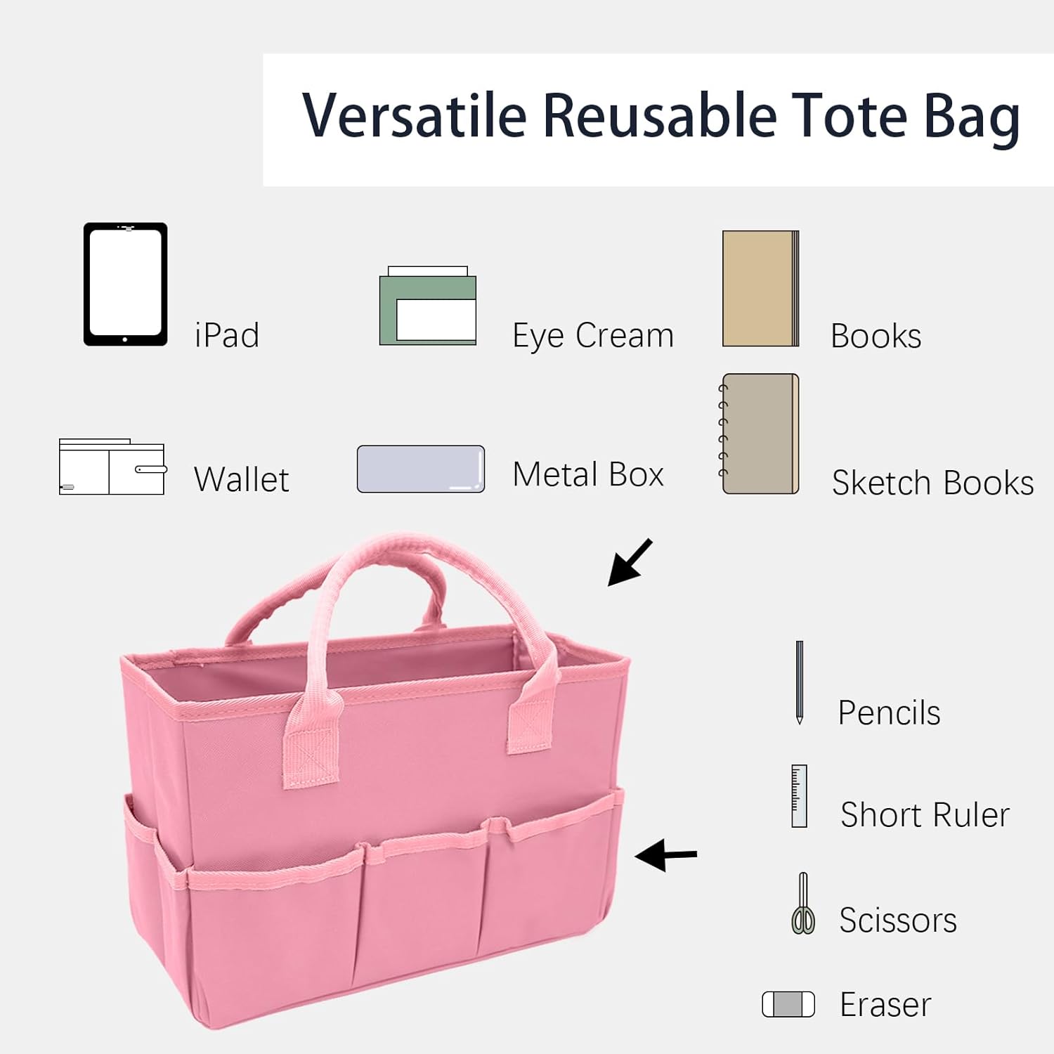 Cupohus Art Organizer Craft Storage Tote Bag with Pockets and Hadles, Oxford Fabric Carrying Caddy for Teacher, Officer, Artist, Traveler, and more – Pink - Image 2