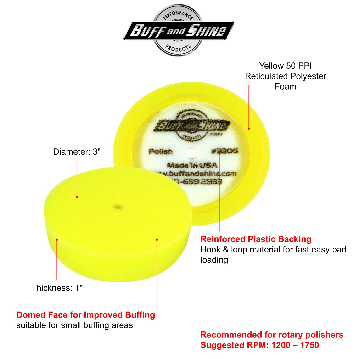 Buff And Shine BFS-330G 3 X 1.25 Yellow Foam Grip Pad polishing Pad