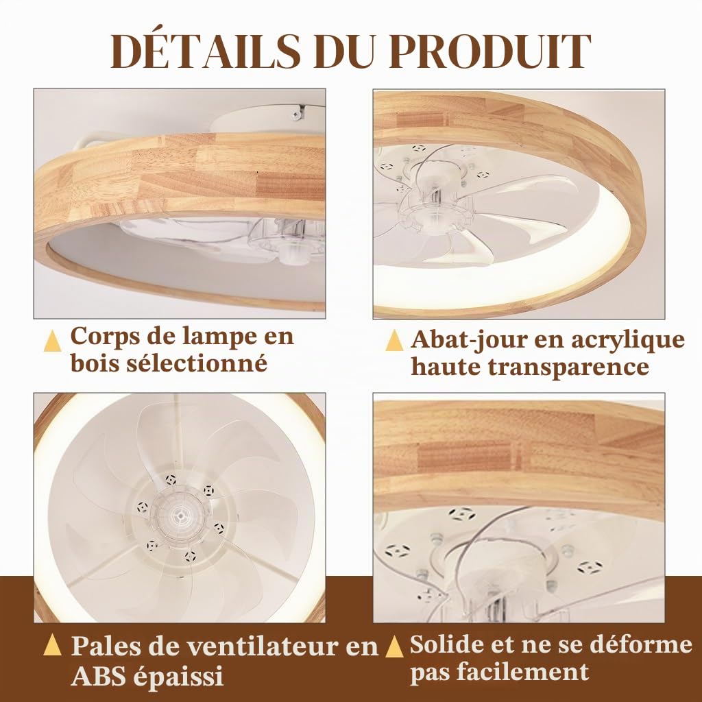 Ventilateur Plafond Lumineux Bois Massif Japonais LED Ventilateur Plafond Avec Lumière 3 Températures Couleur Contrôle Bois Acrylique Chambre Salon Salle À Manger Café Hôtel(Solid wood)