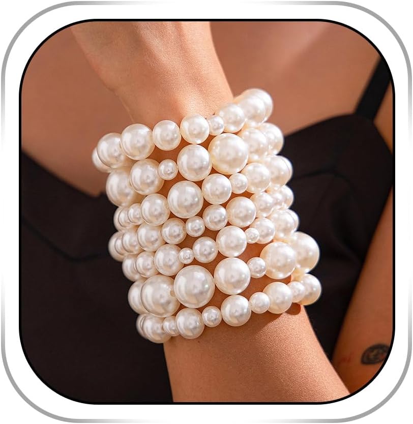 Pearl Bracelets for Women White Pearl Bracelet Stretch Pearl Bangles Stacked Wedding Pearls Bracelet