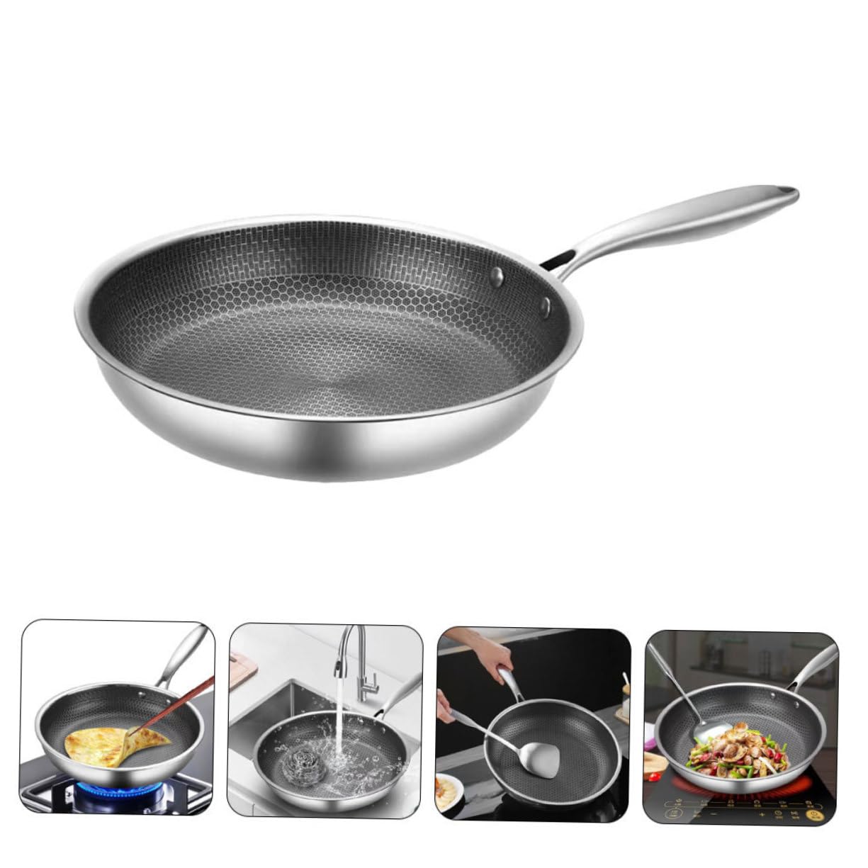 DECHOUS Non-stick Honeycomb Frying Pan Stainless Steel Cooking Skillet for Meals Ergonomic Handle Suitable for Gas Electric Induction Stovetops Compact Design