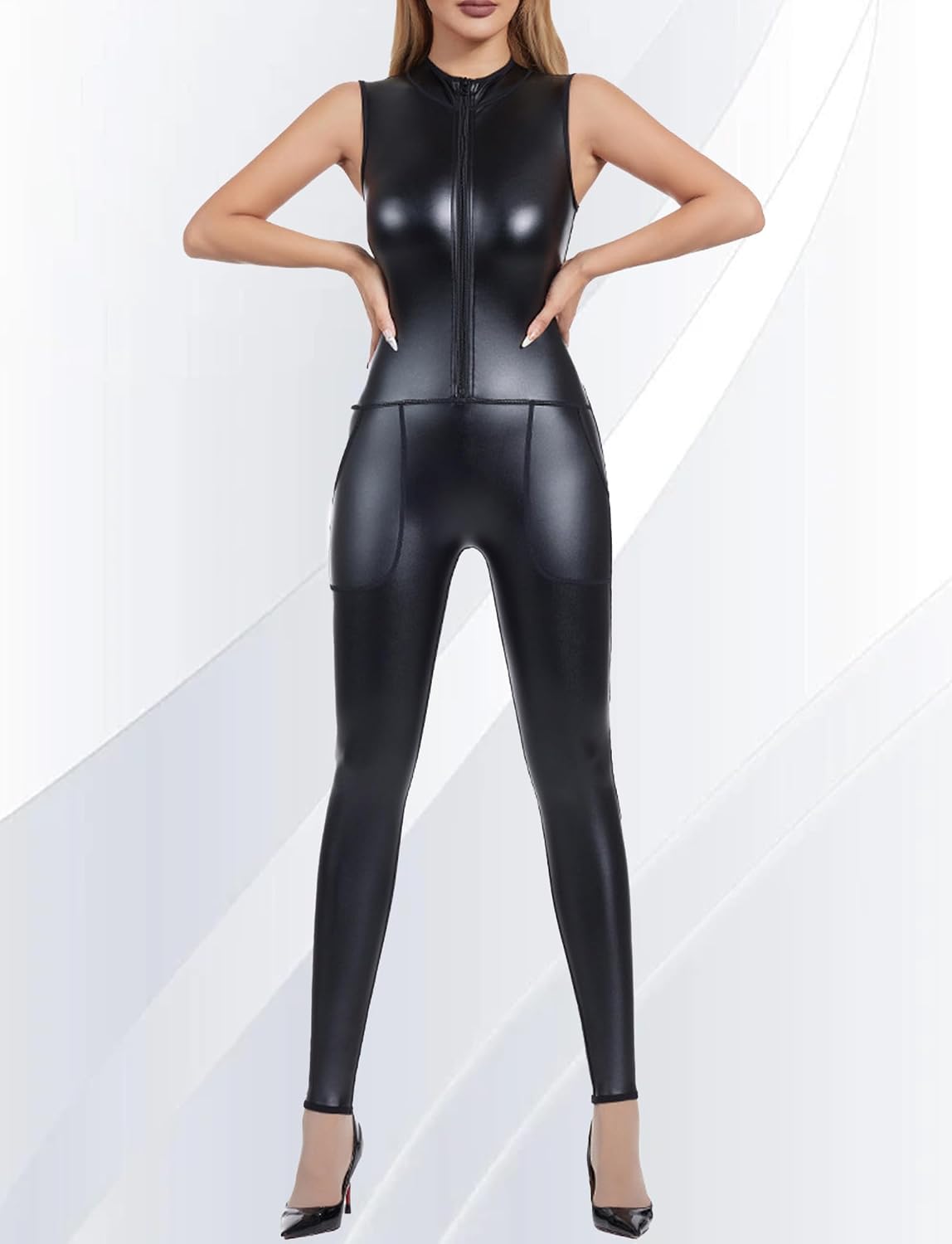 Women's PU Leather Metallic Catsuit Front Zipper Bodysuit Wet Look Jumpsuit for Party