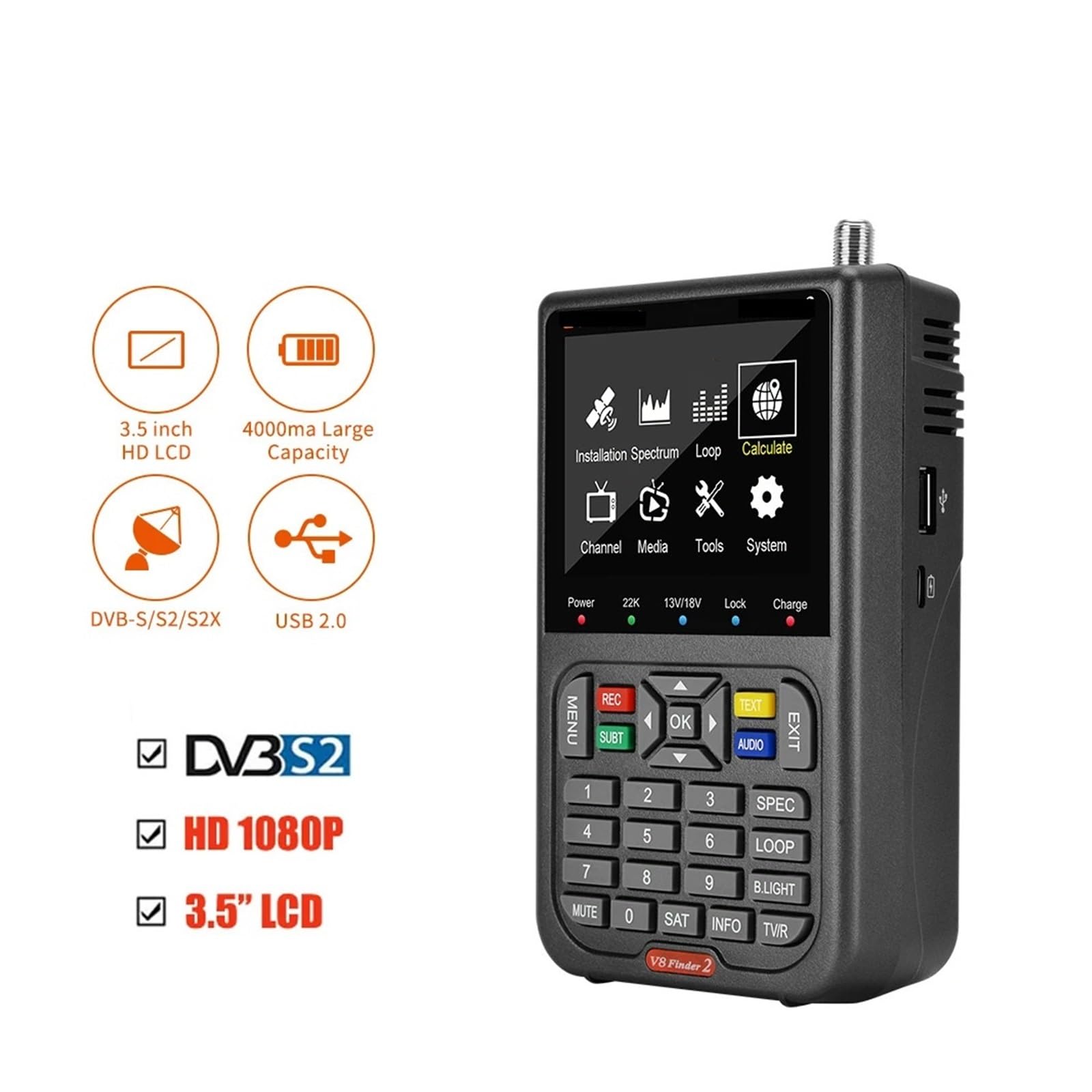 Rilevatore di segnale satellitare digitale FTA DVB-S/S2/S2X con schermo LCD for la regolazione antenna parabolica della TV Localizzatore di segnali
