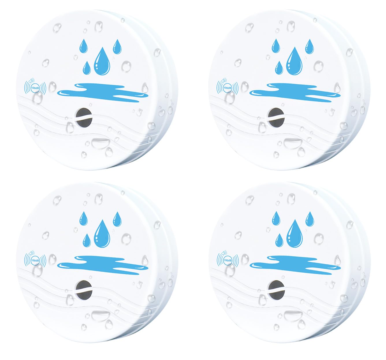 Flood Leak Detectors for Bathroom,Laundry Room,Kitchen,Sink,Garage,Wine Cellar,RV,Window,Waterproof,Battery Included 4 Pack Water Leak Detectors for Home,100dB Water Alarm Basement