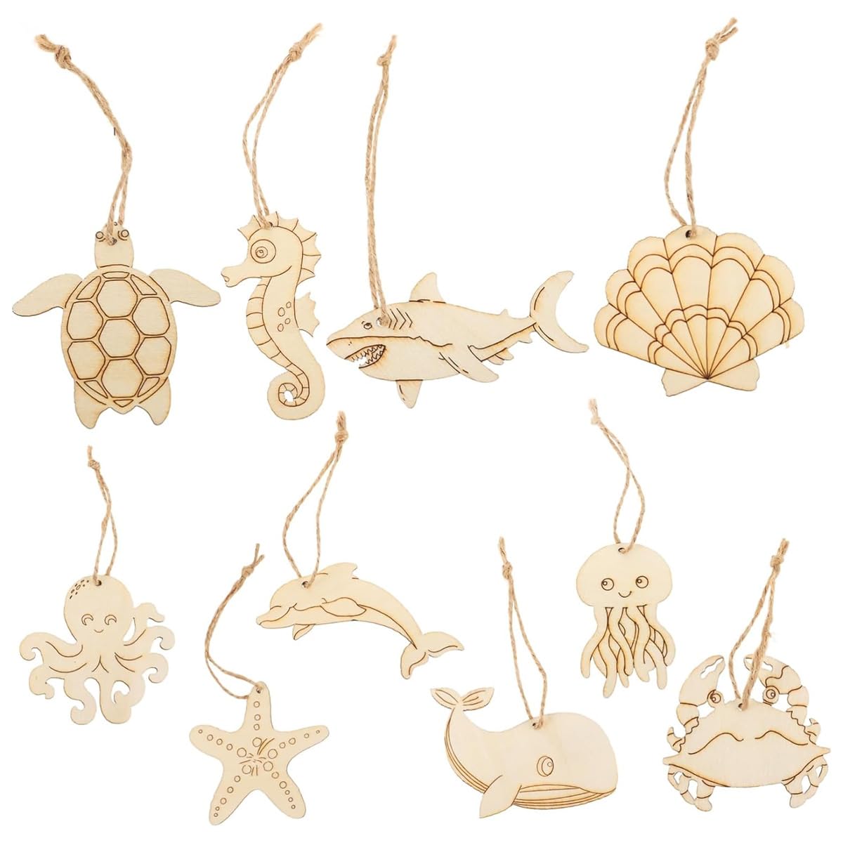Ausi 60 Pcs Ocean Animal Wooden Cutouts for DIY Crafts, Natural Wood Shapes Including Turtle, Octopus, Crab