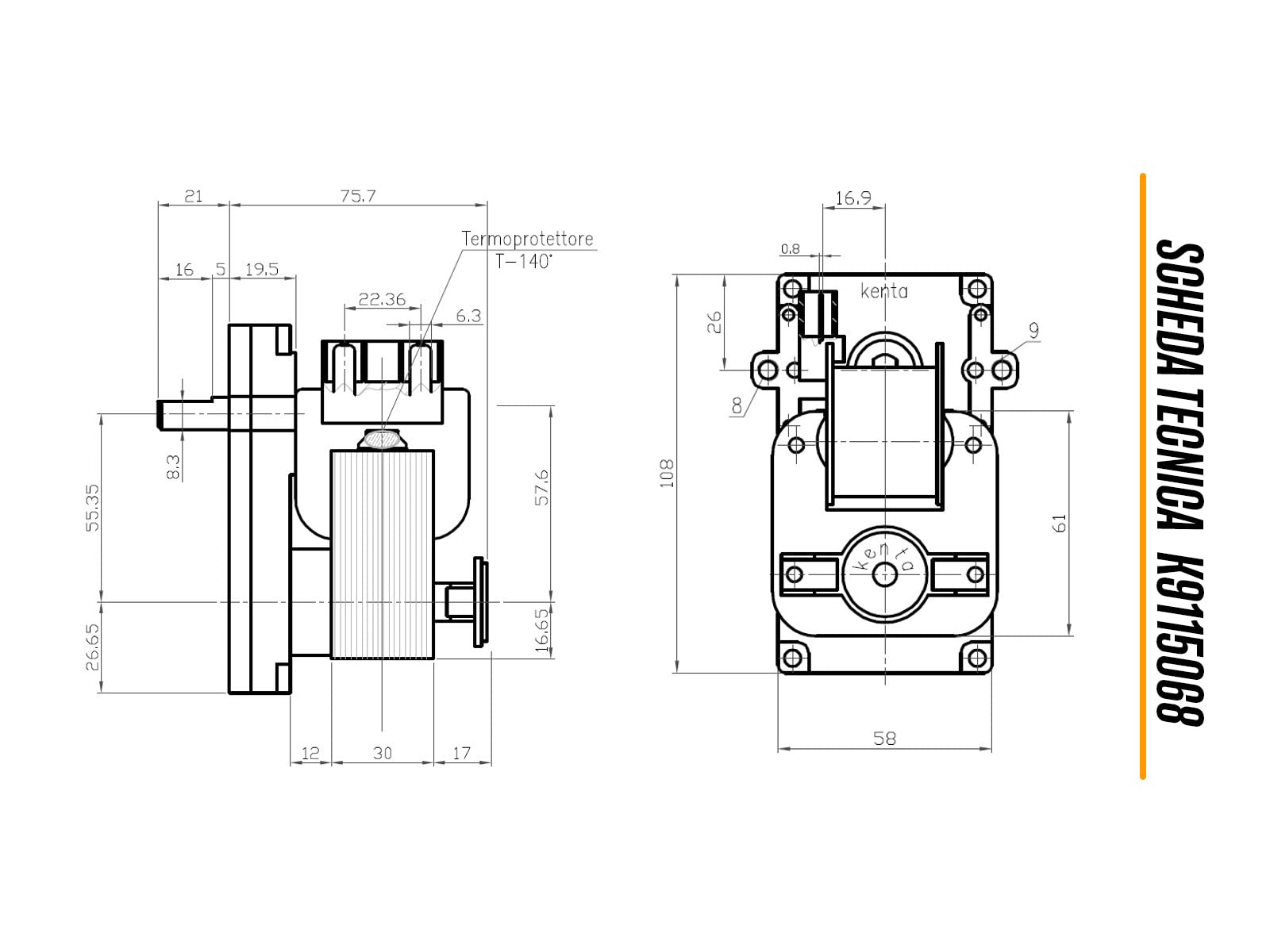 ERICAMBI, Motoriduttore K9115068 Kenta serie 917 per Stufe a Pellet, Velocità 2rpm, Pacco Lamellare 30mm, Ø Albero 9,5mm, Senso di Rotazione Oraria, Spianatura Singola