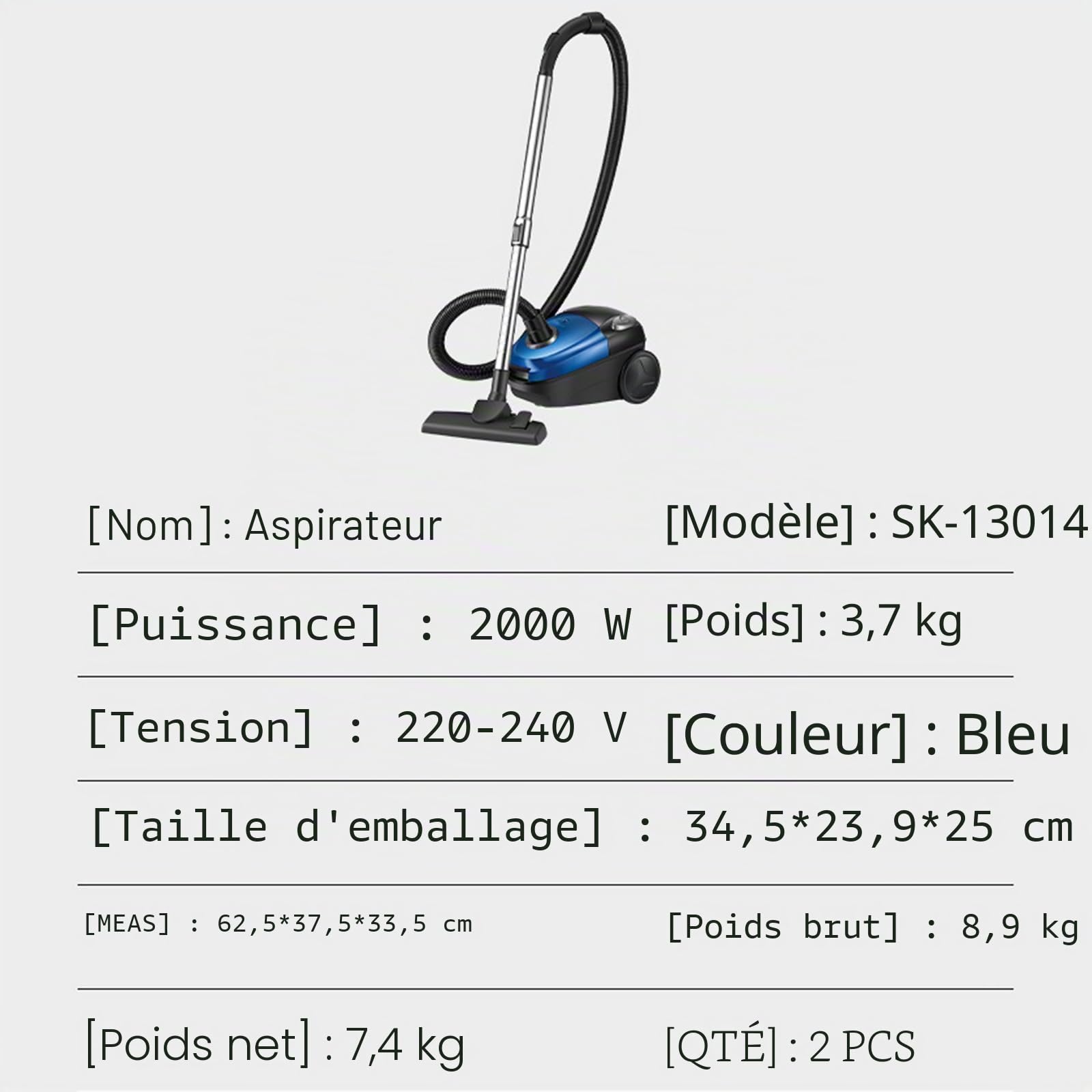 Aspirateur 2000 W, sac, filtre hygiénique, forte puissance, extrêmement silencieux, brosse pour parquet et tapis, filtre