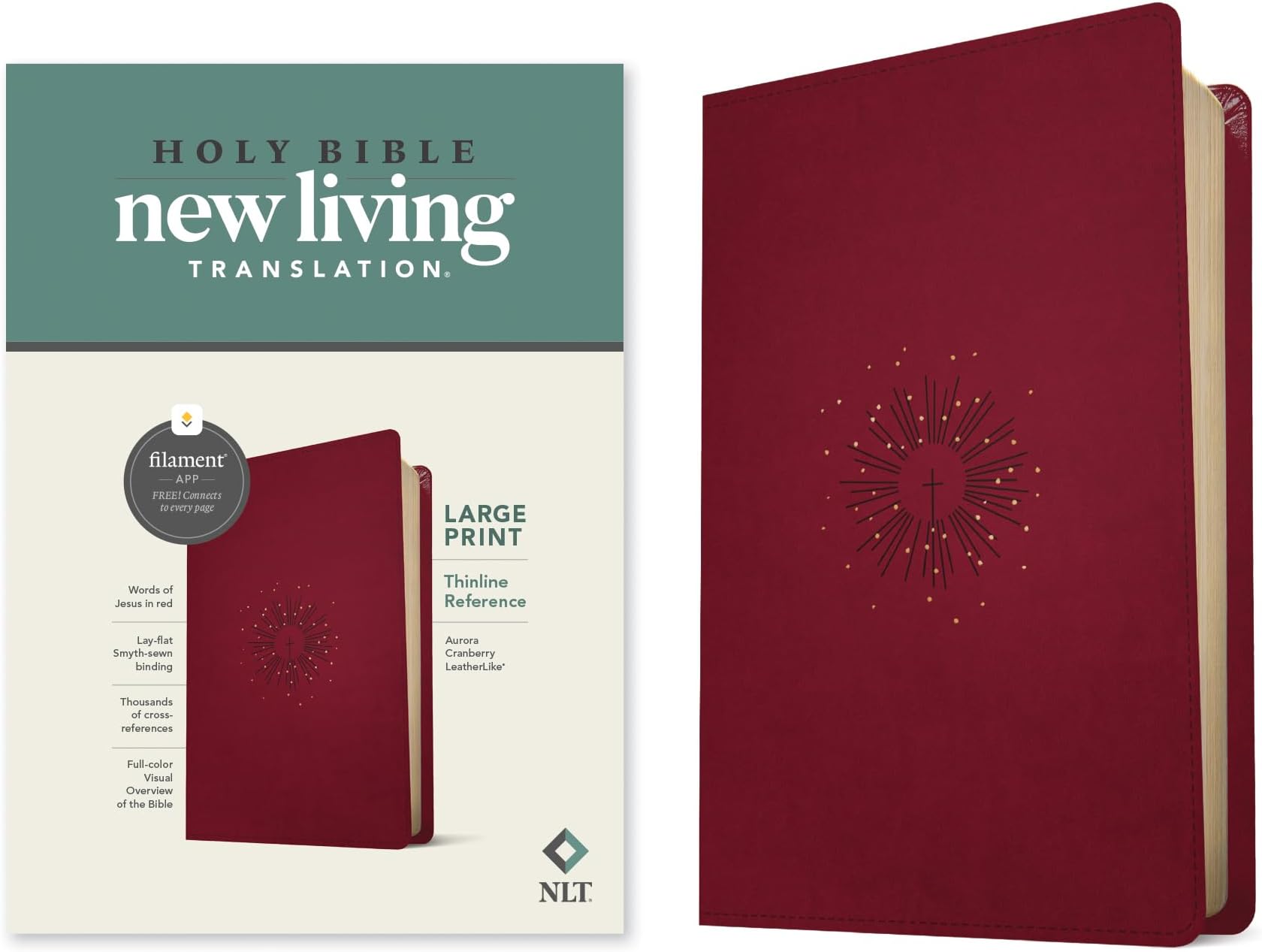 NLT Large Print Thinline Reference Bible, Filament Enabled (LeatherLike, Aurora Cranberry, Red Letter): Includes Free Access to the Filament Bible App ... Notes, Devotionals, Worship Music, and Video