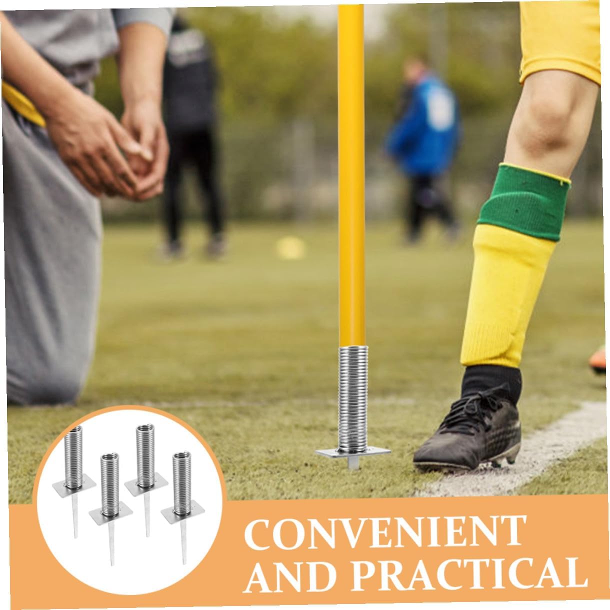 4pcs Soccer Training Stakes with Spring Ground Nails, Football Flagpole Bases for Corner Flag Fixing, Sturdy Soccer Pole Ground Spikes for Field Marking and Agility Training