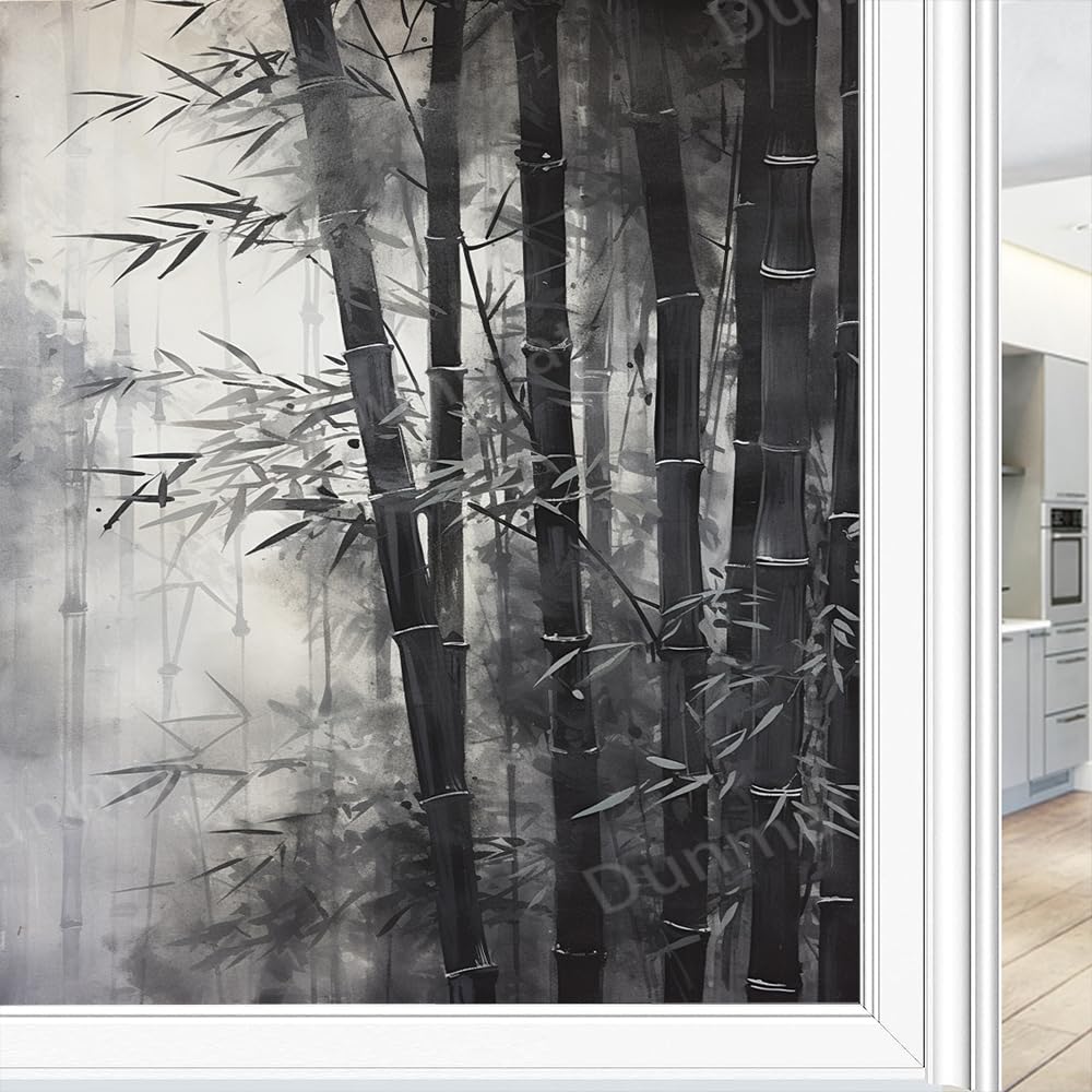 Aquarell Bambus-Sichtschutz-Fensterfolie, Vintage, botanische Malerei, statische Haftung, Fensterfolie, Zuhause, Fenster, Glas, dekorative Türabdeckung, Sonnenschutz, 90 x 160 cm