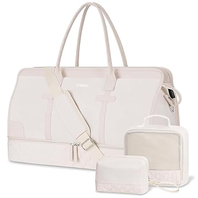 ETRONIK Weekender Overnight Bags for Women, Large Travel Duffle Bags with Shoe Compartment & Wet Pocket, Carry On Tote Bag Gym Duffel Bag with Toiletry Bags for Hospital 3 Pcs Set, Large Size, Beige