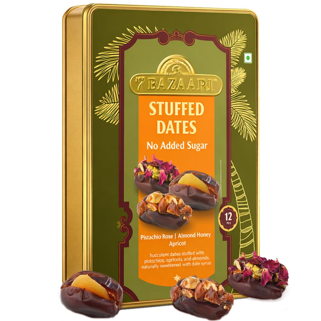 7 Bazaari Nuts In Dates Pack of 12 | No Added Sugar | Almond Honey, Pistachio Rose & Apricot Stuffed Dates | Healthy Snacks Sweets | Premium Gift Box | Gourmet Sweets Box for Festive & Corporate Gifting 4