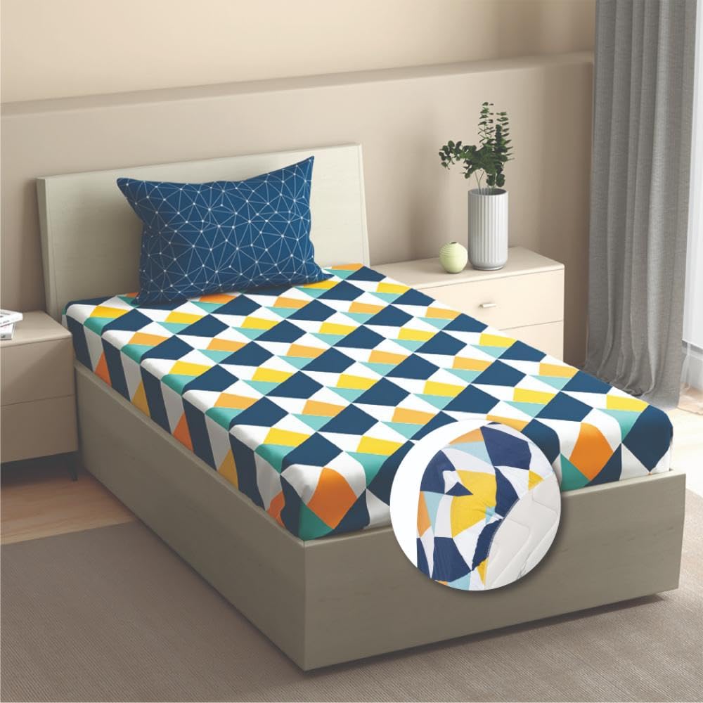 Wakefit Cotton Fitted Bedsheet | 200 TC Elastic Fitted Sheet, Single Bed Bedsheet Geometric with 1 Pillow Cover | Nicole - 72X36 Inches,Blue