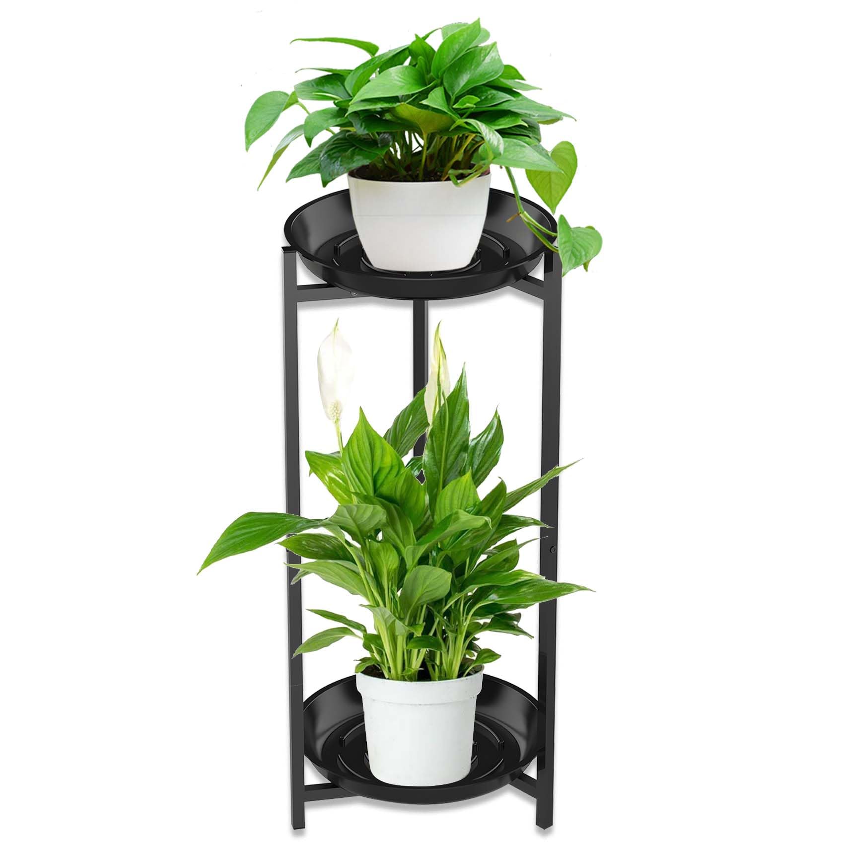 Lnrkai 2 Tiered Metal Plant Stand Indoor，Black Corner Round Tall Plant Shelf for Outdoor Multiple Plants，Flower Pot Holder Display Stand for Balcony