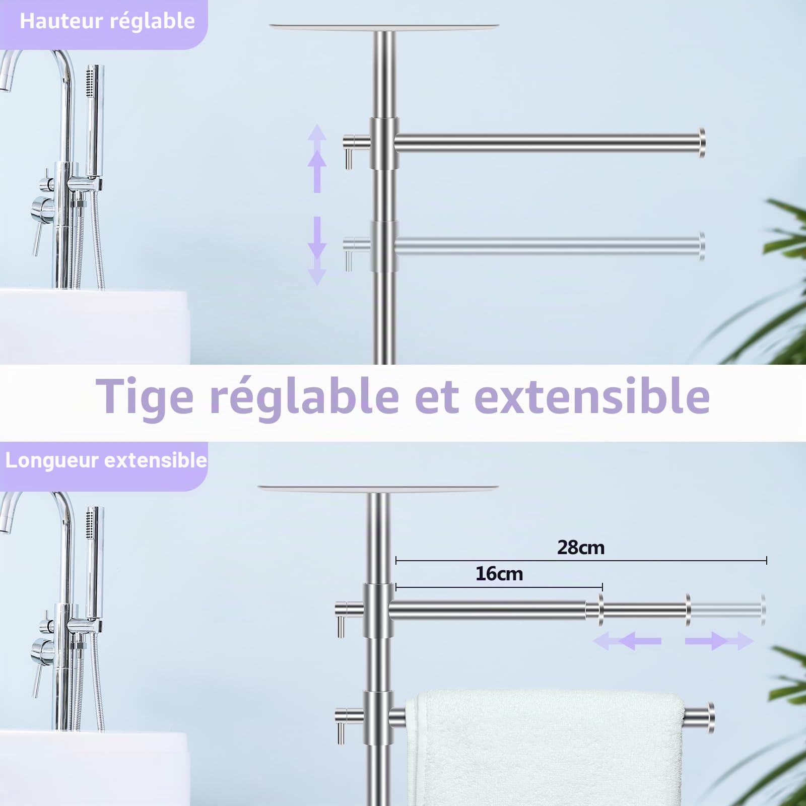 Alyvisun Porte Serviette Salle de Bain, Porte Serviette sur Pied avec Plateau et 2 Bras Extensibles [Réglable en Hauteur et Rotatif à 360°], Porte-Serviettes en Acier Inoxydable, Argent