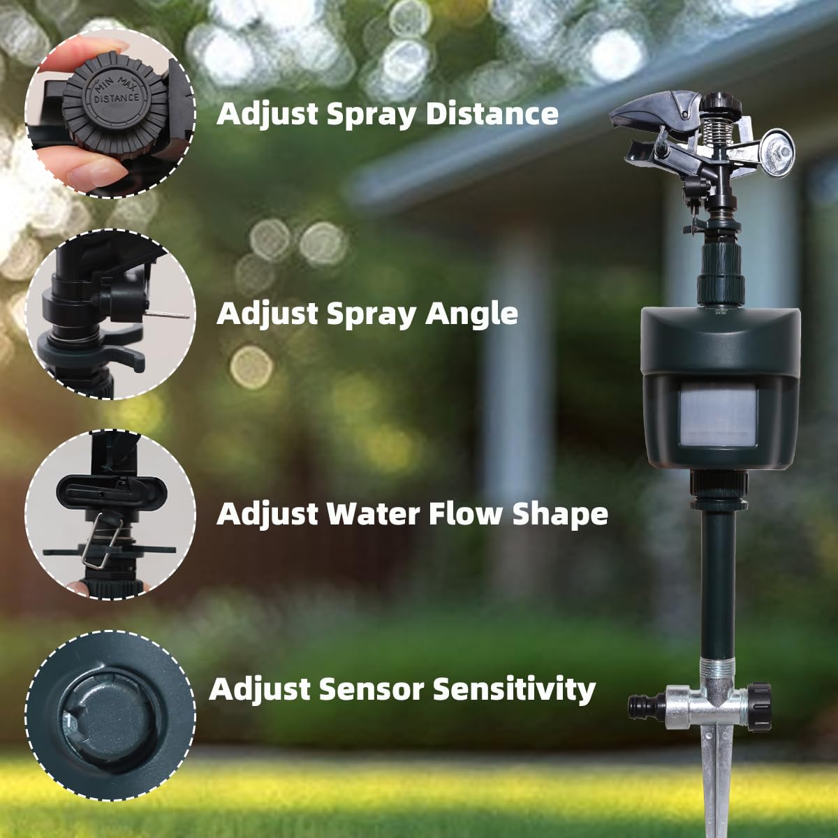 Spruzzatore con sensore di movimento, spruzzo d'acqua regolabile per prato e giardino | Animale, Sicurezza, Impermeabile