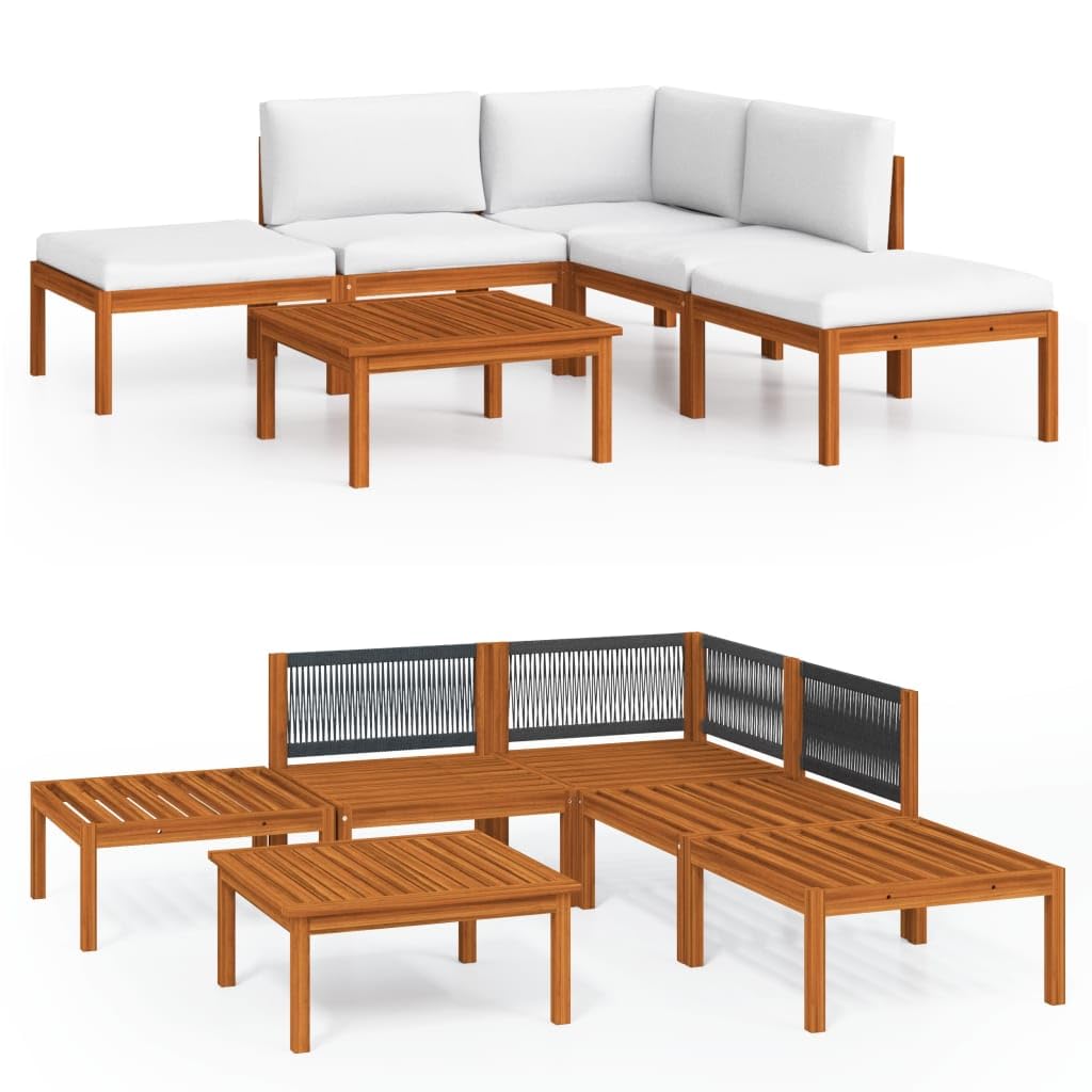 Set Giardino 6 Pezzi VidaXL In Legno Acacia E Corda | Con Cuscini Crema | Divani Angolari E Tavolo