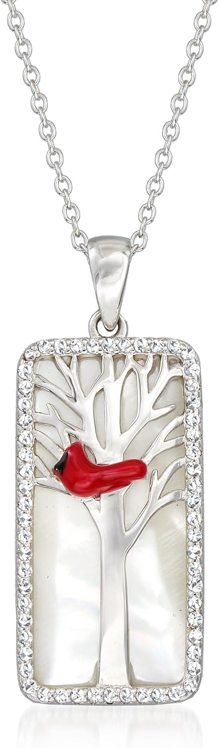 Ross-Simons Mother-Of-Pearl and .30 ct. t.w. White Topaz Cardinal Pendant Necklace With Multicolored Enamel in Sterling Silver