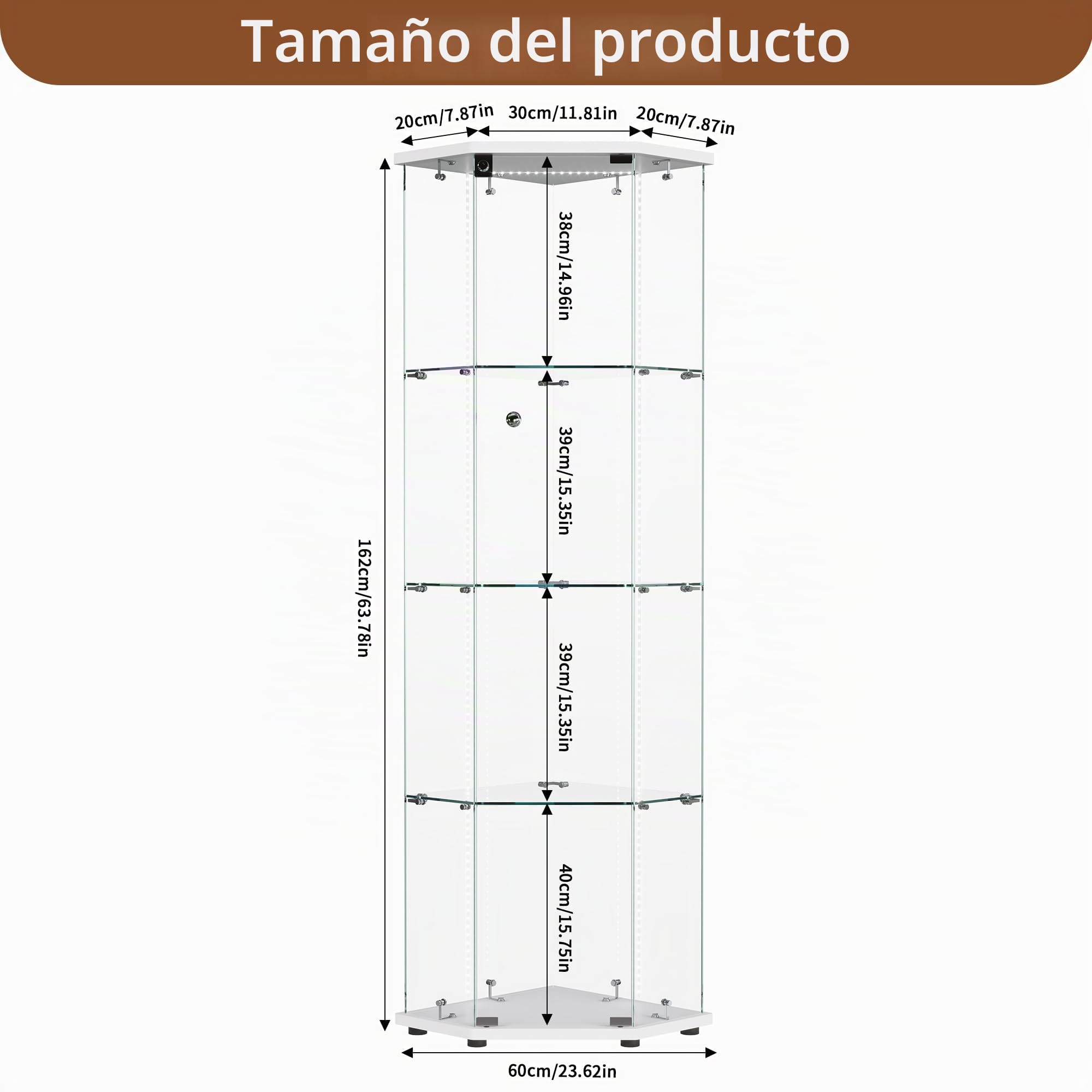Escaparate de cristal con iluminación LED, armario de colección moderno de cristal de 4 capas, 1 puerta, con puerta y cerradura de armario, almacenamiento (blanco 5 lados A, 1 puerta, 4")