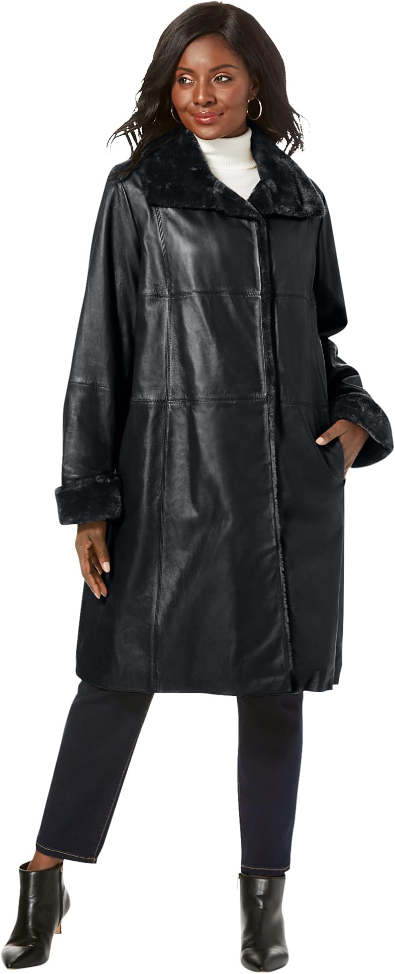 Jessica London Women's Plus Size Fur-Trim Leather Swing Coat - 22 W, Black