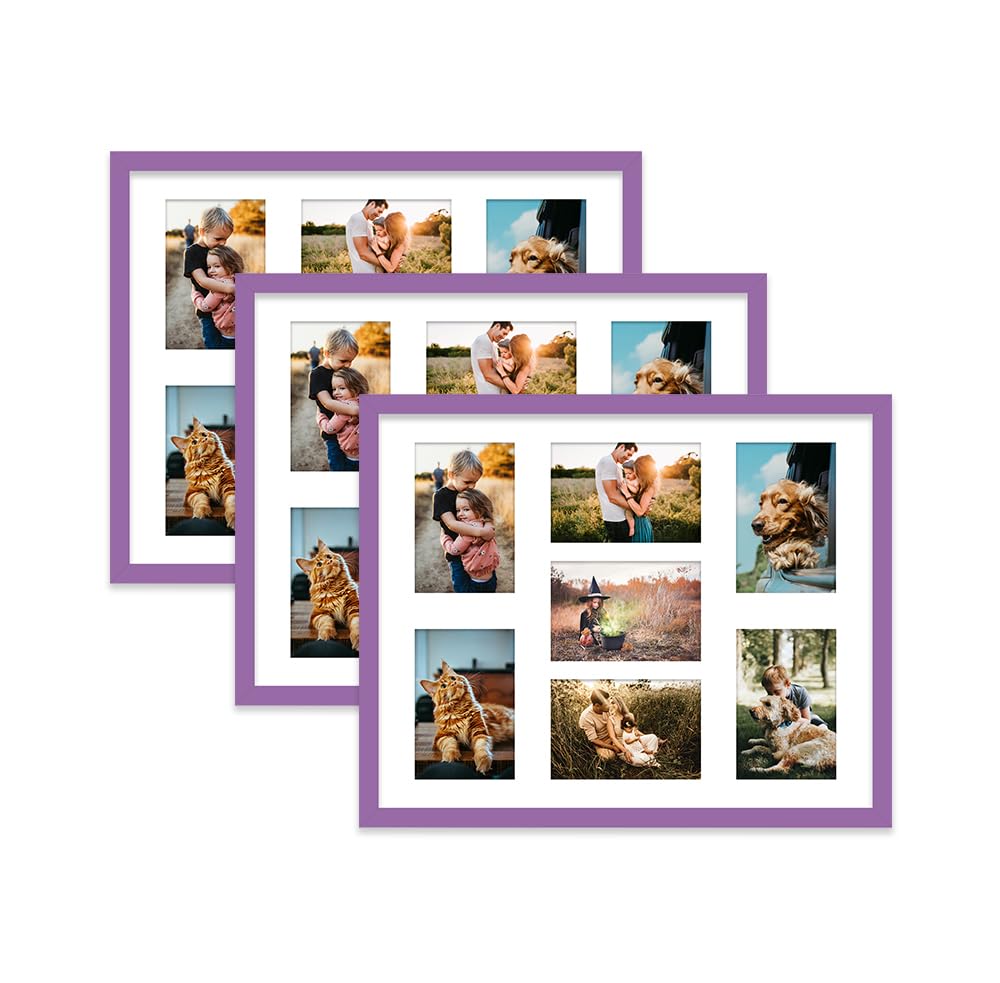 Purple Multi Photo Frame - Holds 7 x 6x4 Pictures, Family Collage Picture Frame for Wall Display, 20x16 Frame size, Set of 3