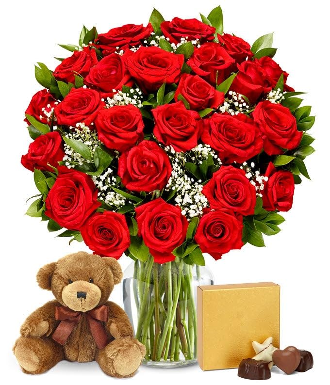 From You Flowers - Two Dozen Long Stemmed Red Roses with Chocolates & Bear with Glass Vase | Fresh Flower Bouquets for Birthday, Anniversary, Get Well or Celebration