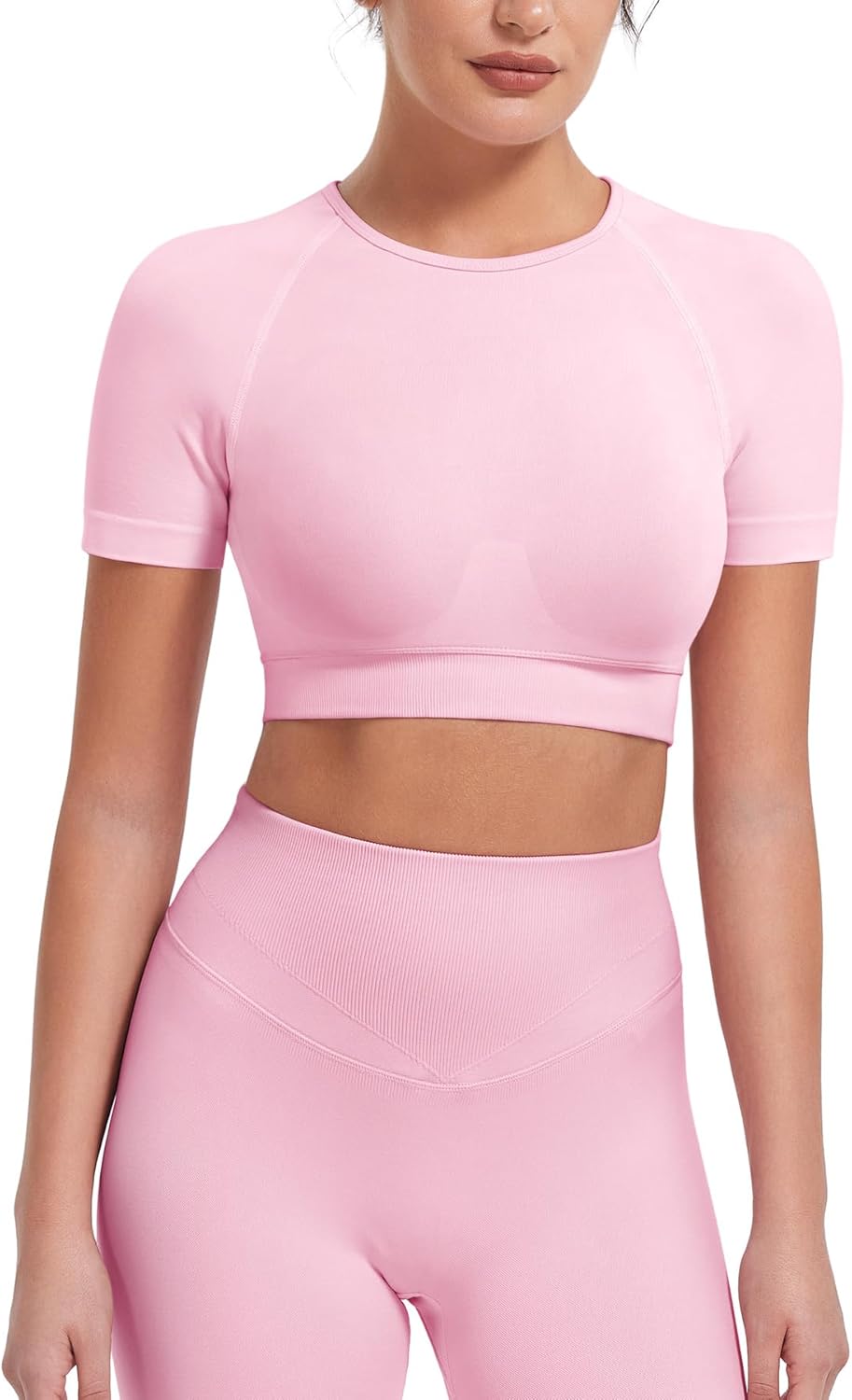 VOYJOY Women Impact Crop Top Raglan Shoulder Cut Seamless Short Sleeves Tops Lightweight Crop Fit Workout Gym Yoga T Shirts - Image 4