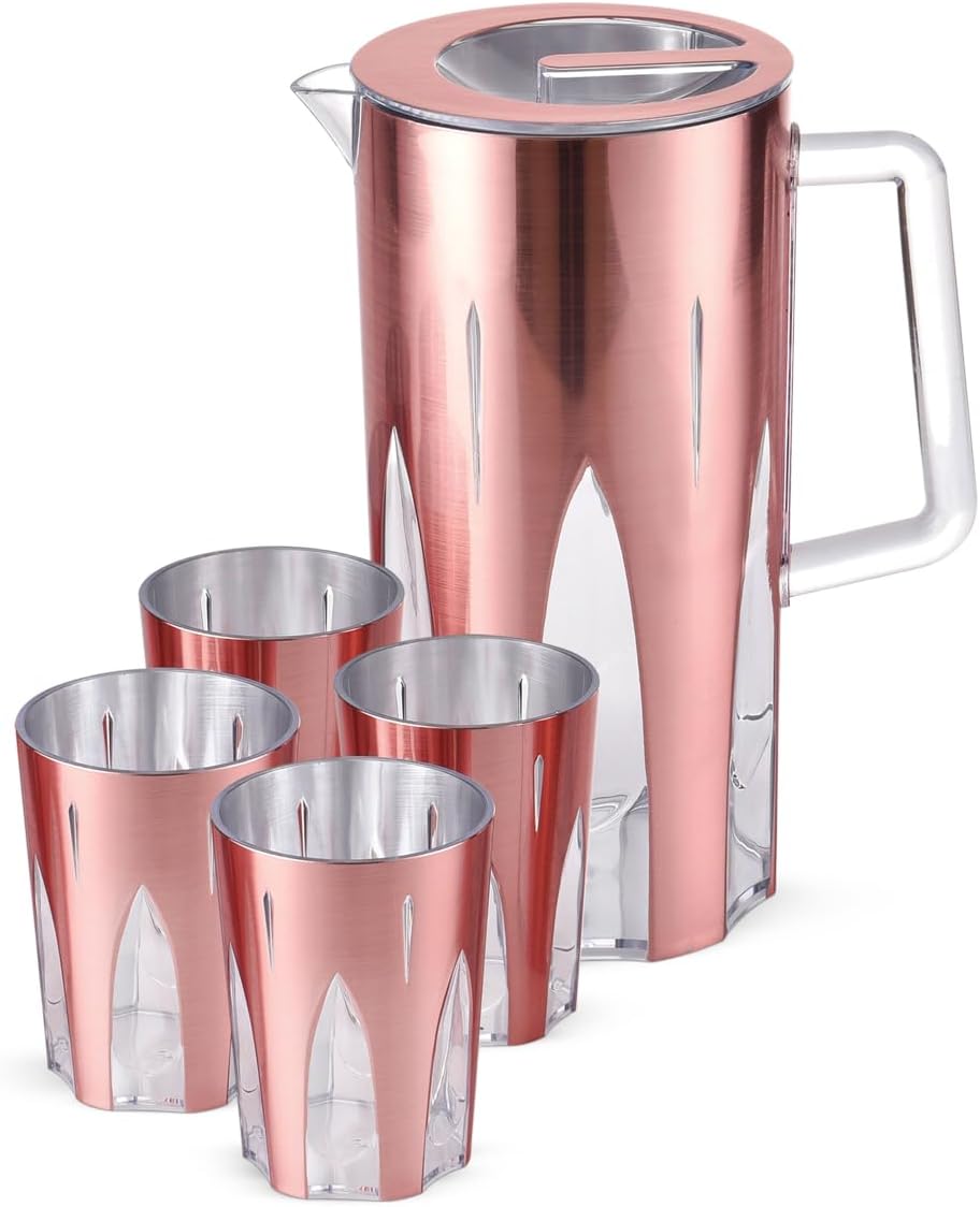 Royalford Jug with 4 Glasses - RF12166 Water Jug 2.5L with 4 x 400ml Plastic Glasses Set Unbreakable Jug with Lid for Juices, Squashes,Slushies Dishwasher and Freezer Safe