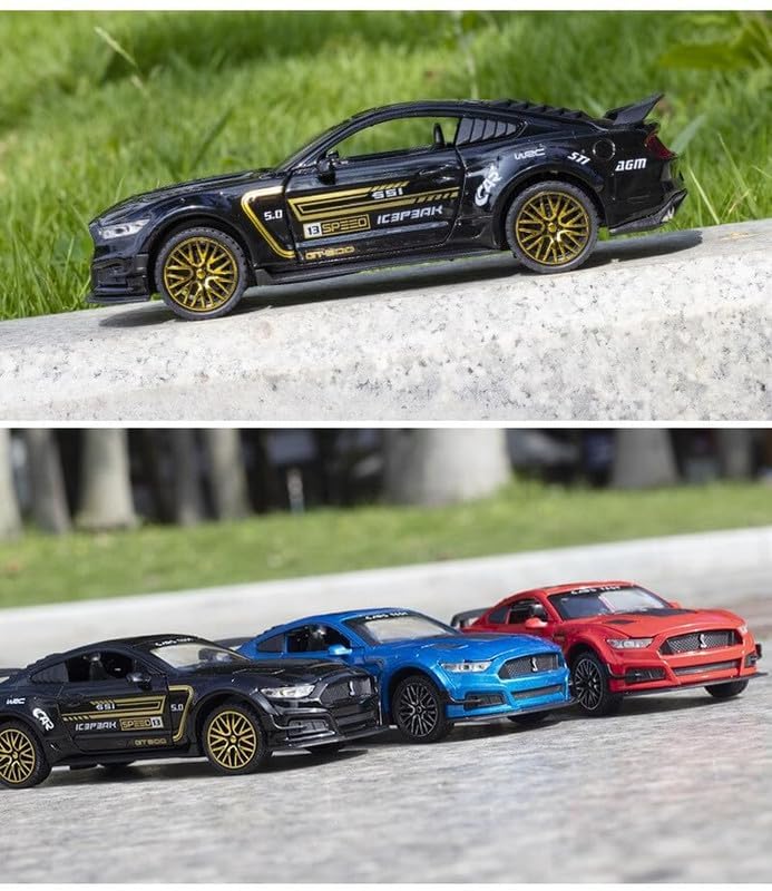 Image of Kids Model 1:32 Mastang Die Cast Metal Car Pull Back Action Opening Doors with Realistic Engine Sound Lights Toy Car Gift for Boys - Red