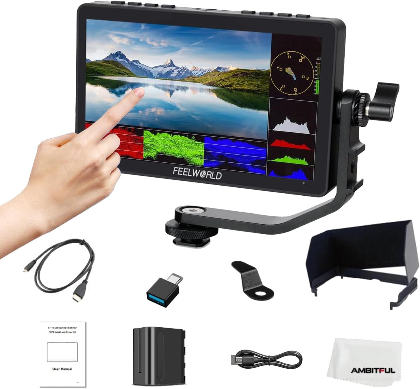 FeelworldF5 Pro V4 6 Inch Touch Screen 3D LUT, IPS FHD 1920 x 1152 DSLR Camera Field Monitor with Power Output F970 Install and Power Kit to External Wireless Transmission LED Light