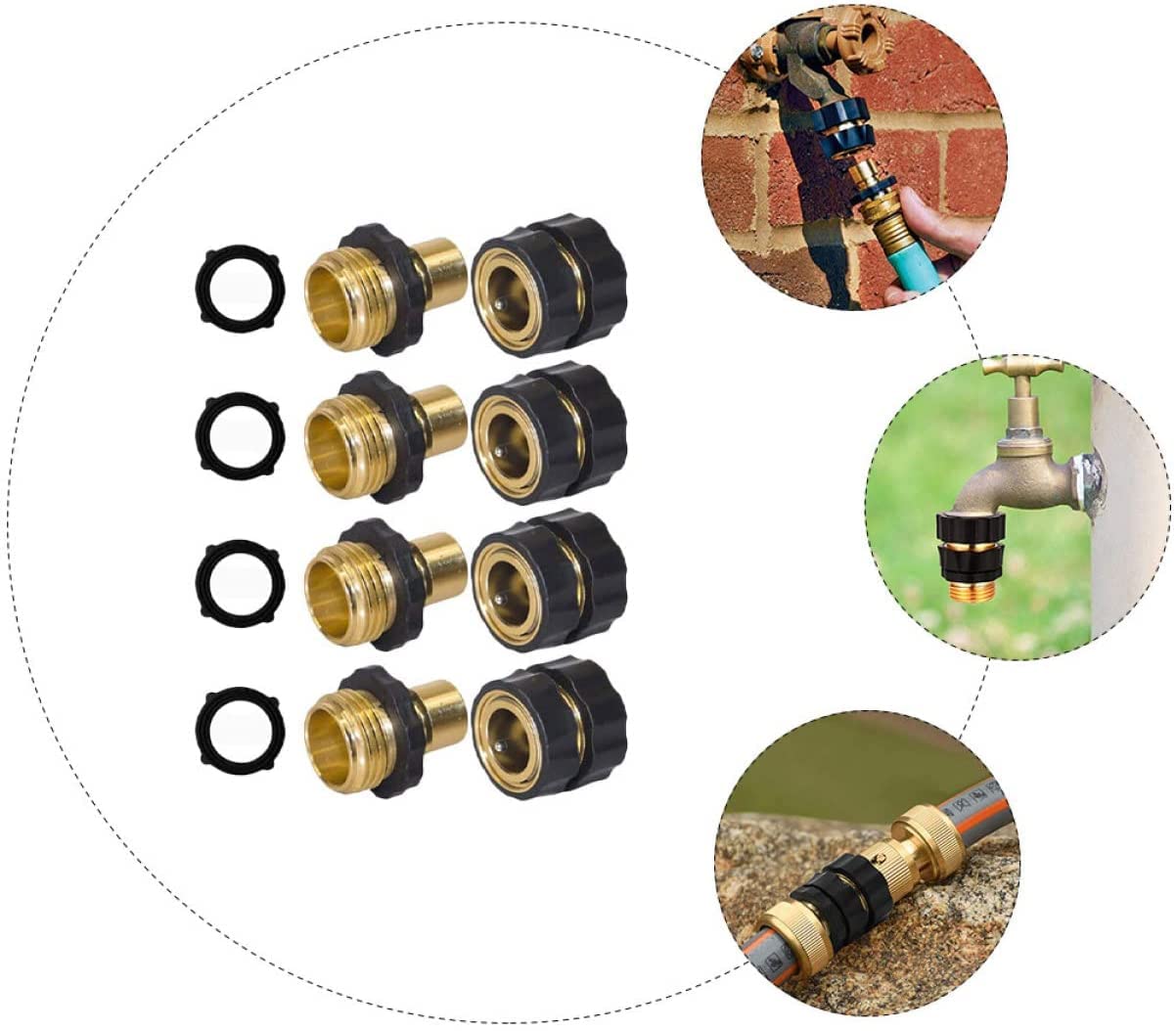 Adaptador 4 Set Adattatore per Tubo da Giardino, Connettore per Tubo dell'Acqua in Ottone da 3/4 Pollici Adattatori per Raccordi per Tubo da Giardino a Connessione Rapida