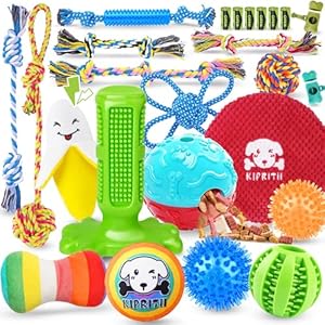 KIPRITII 25 Pack Various Puppy Dog Toys for Teething, Entertainment & Interaction, Puppy Chew Toys Pack with Rope Toy, Treat Balls and Dog Squeaky Toys for Puppies & Small Dogs