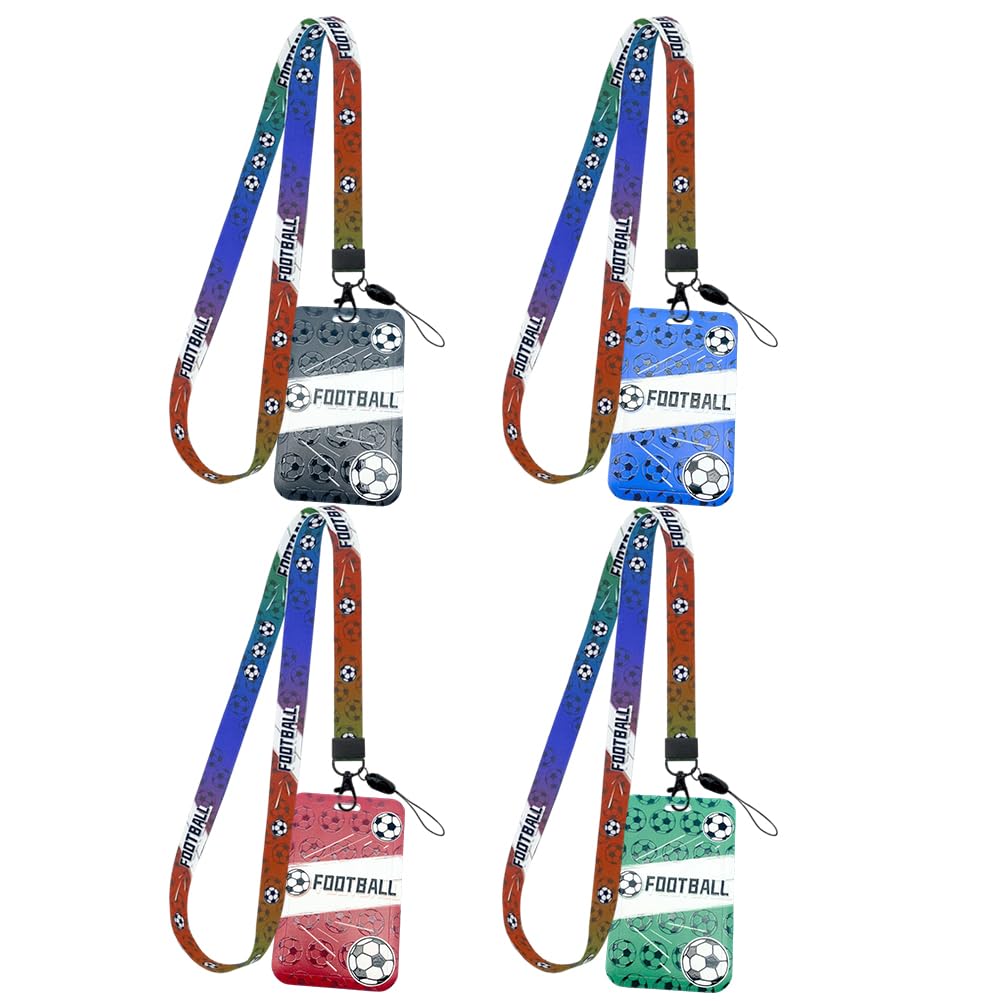 Football Lanyard with Card Holder, 4pcs Football Pattern Lanyard with Hard Card Case Cool, for Office School Exhibitions Sport Events
