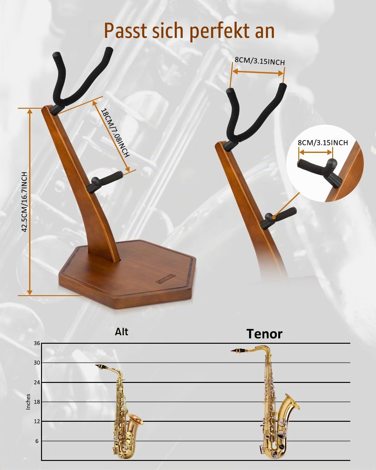 STRICH Holz-Saxophonständer für Alt-/Tenorsaxophon, Handgefertigter Massivholz-Bodenständer in Walnussfarbe Mit Schwerem, Beschwertem Sockel (FH-4, Sax)