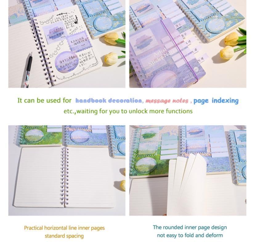Image of Aesthetic Spiral Notebook Set, A5 Size Journal Diary with Sticky Notes, 100 Sheets, Ruled Notebooks for Boys & Girls, Cute Kawaii Stationery (Multicolor) (Pack-1) (c)