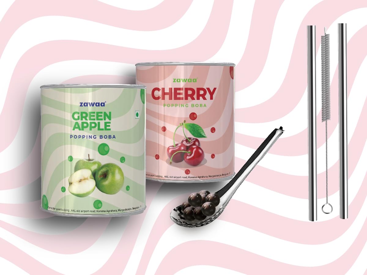ZAWAA 2 Popping Boba (Each 300gm) Total 600gm (Fruit Flavours), 2 Stainless Steel Straws (12mm), 1 Cleaning Brush, 1 Boba Scoop (Green Apple + Cherry) (B0D22TPRJF) Amazon Price History, Amazon Price Tracker
