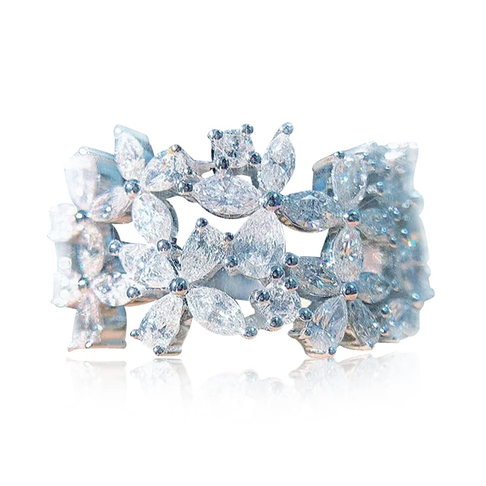 925 Sterling Silver Shiny Full Diamond Ring 18K Gold Cocktail Rings Flower-Shaped Cubic Zirconia Promise Rings CZ Flower Diamond Ring Eternity Engagement Wedding Band Ring for Women W.46 (US Code 7)