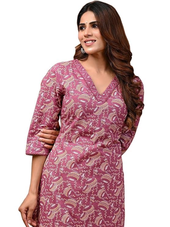 Image of RAINDROP Womens Printed Cotton Straight Kurta for Girls Regular Wear Long Top