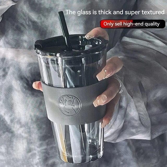 Image of Stylish Glass Tumbler with Lid and Glass Straw 400ML Coffee Tea Milk Mug with Leather Sleeve for Home Office and Traveling (Black Big Custom)