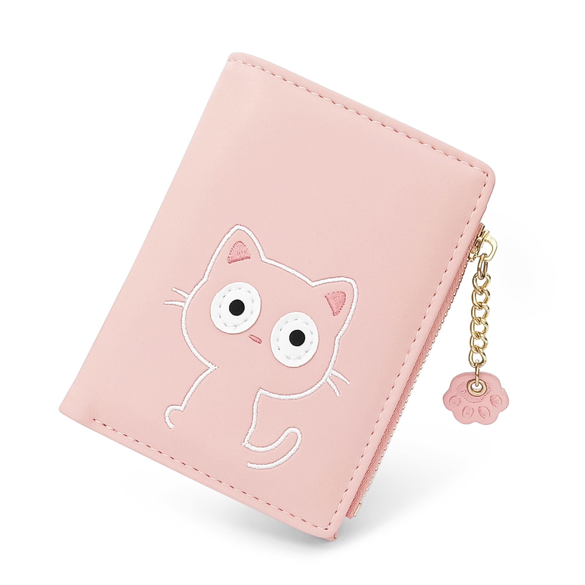 SNCCJ Portafoglio Donna Piccolo Carino, Portafoglio Sottile con Cerniera Portamonete e Bloccaggio RFID per Donna e Ragazza (Gatto Rosa)