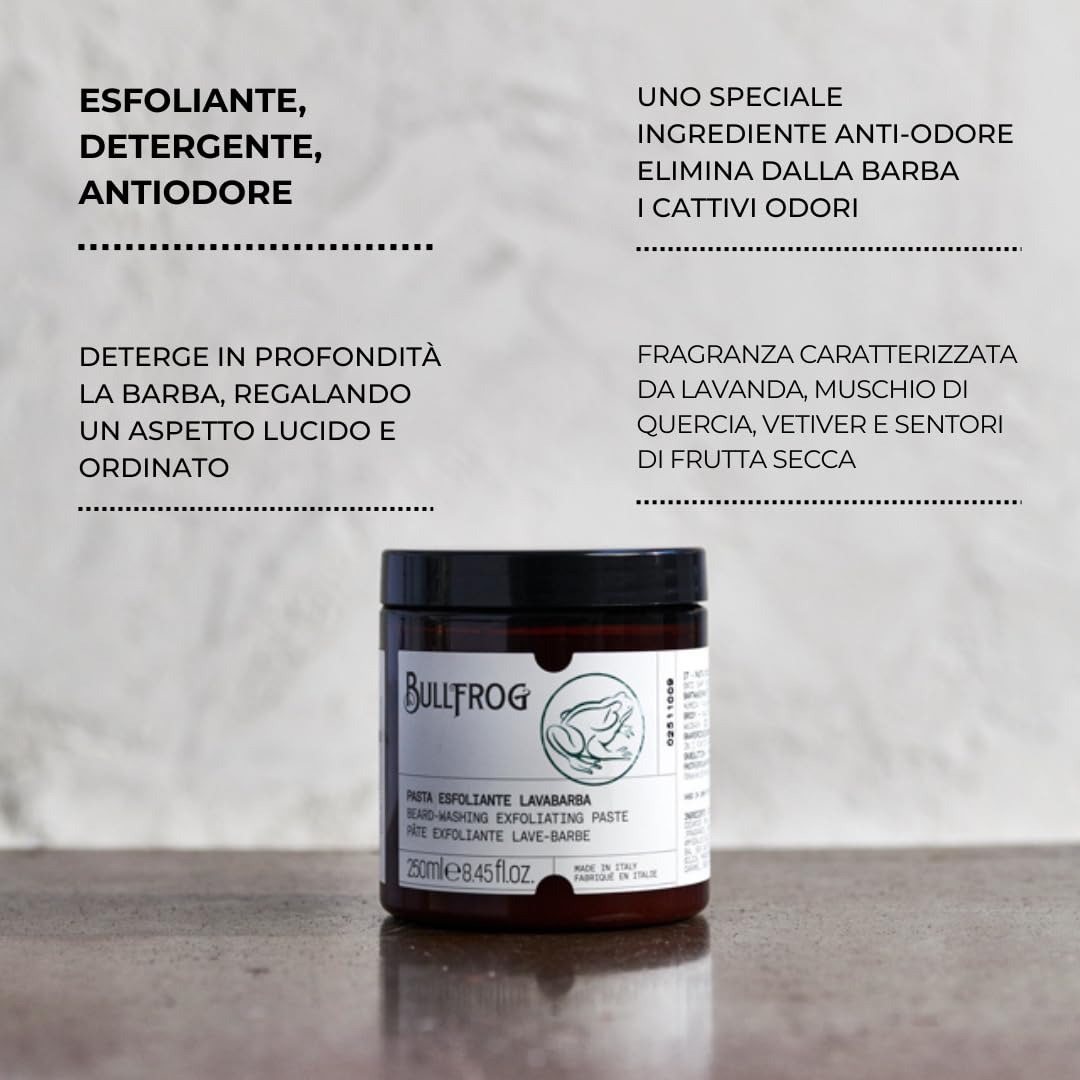 Bullfrog New Pâte Exfoliante Lavage de Barbe 250ml - Nettoyant Exfoliant aux Granules de Sucre, Anti-Odeurs, Parfum Lavande et Vétiver, Action Délicate et Naturelle, Fabriqué en Italie