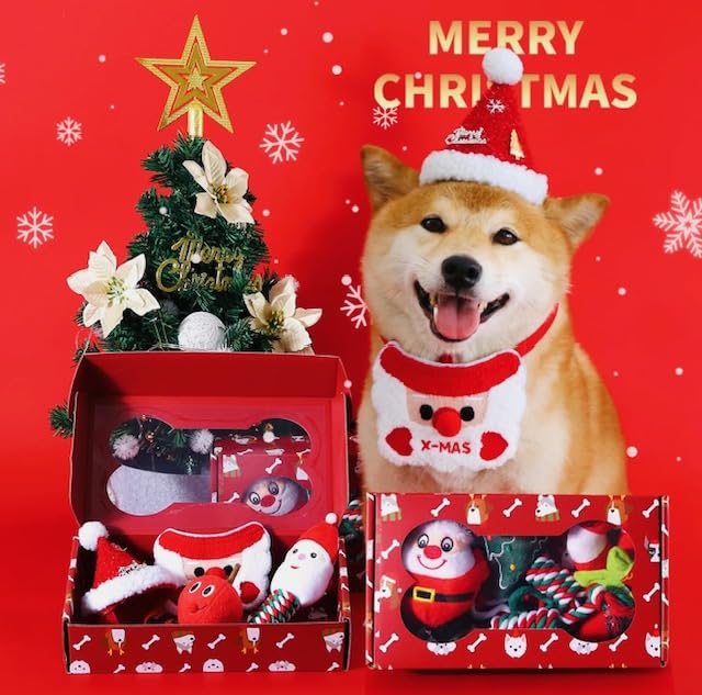 4 pcs Christmas Pet Dog Interactive Chew Toy Giftbox - Santa, Candy Cane, Christmas Tree Rope, Rope. Safe, Durable, Bite Resistant, Eco-Friendly. Great for Small, Medium,Large Aggressive Dogs