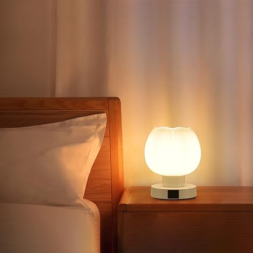 Miniatura 8 de Lámparas de mesa táctiles con puertos de carga USB A+C, lámpara de mesita de noche regulable de 3 vías con pantalla de vidrio de ópalo blanco,
