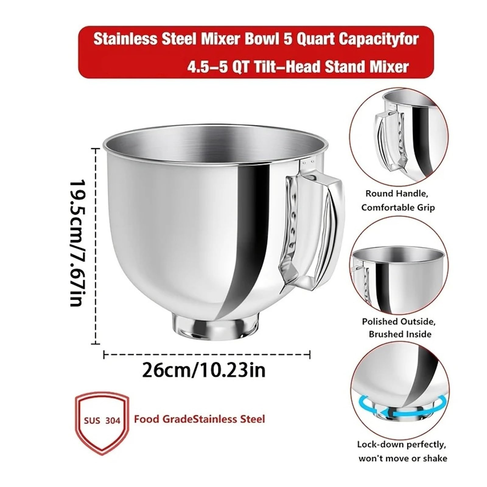 Compatible con KitchenAid, tazón for mezclar de acero inoxidable 4.5/5QT