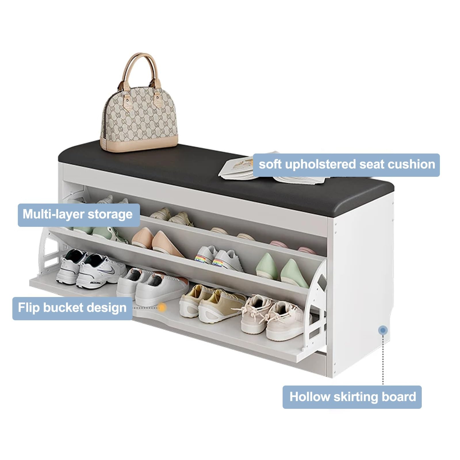 Zapatero Recibidor Blanco Entrada con Cajones 50 60 80cmAbatibles Asiento Acolchado Organizador Zapatos para Pasillo Salón Dormitorio Varias Tallas(Black,60x30cm)