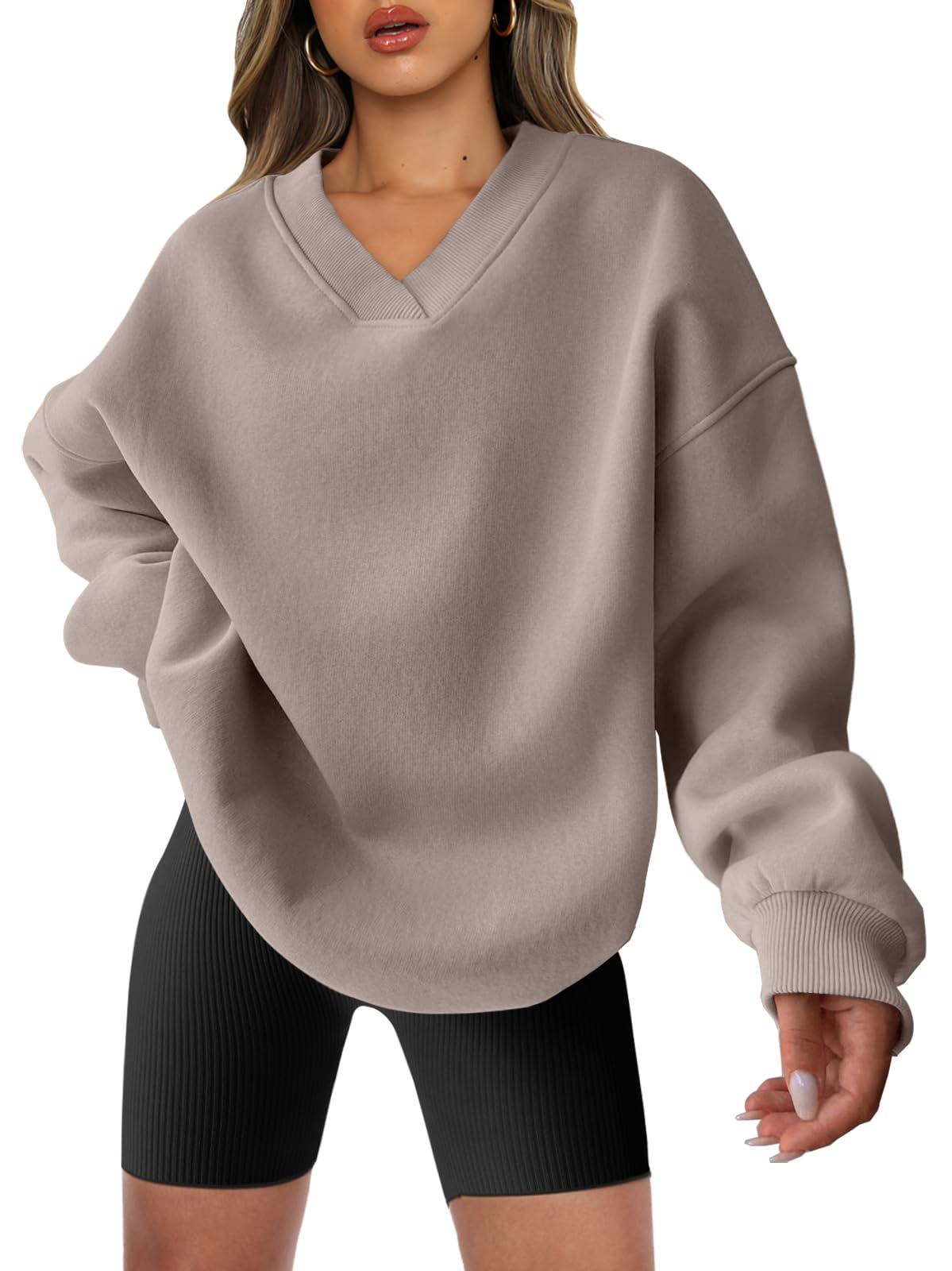 ANRABESS Womens Oversized V Neck Sweatshirt Fleece Long Sleeve Hoodies Pullover Comfy Top 2026 Outfits Teen Preppy Clothes