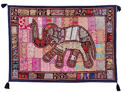 Image of Ekam Art Rajasthani Handmade Heavy Elephant Embroidery Cotton Patchwork Tapestry Cotton Wall Decor Hanging Beaded Tapestries Home Living Room Decor 40 x 60 Inch (Blue)