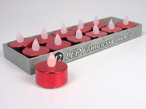 Miniatura 3 de BANBERRY DESIGNS Velas de té LED rojas, juego de 12 velas de té rojas metálicas sin llama, funciona con pilas, decoración de mesa para bodas,