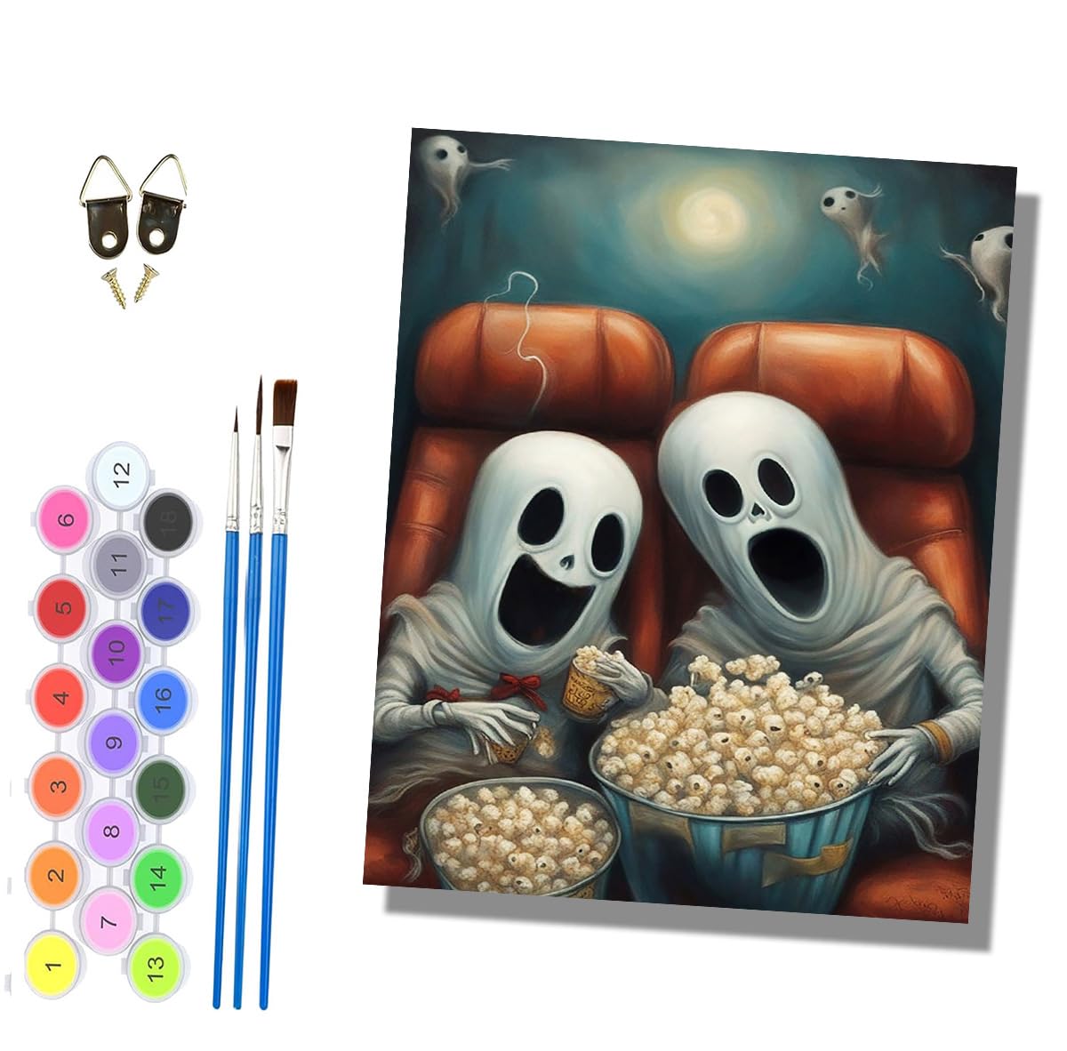 HONGPZH Paint by Numbers for Adults and Beginner Painting by Number Kits On Canvas Without Frame DIY Color Oil Painting Acrylic Paints Home Wall Decor 40x50cm/16x20in Ghost Eating Popcorn